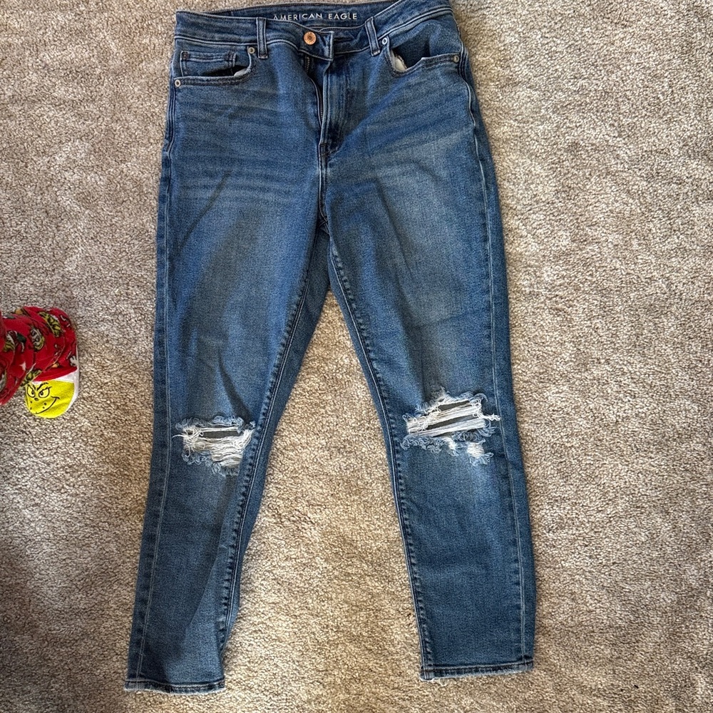 American Eagle Outfitters Women's Dark Blue Ripped Skinny Jeans